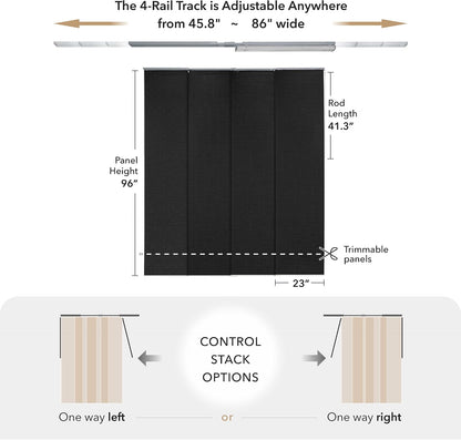 Cordless Panel Blinds Semi-Sheer 45.8"-86" x 96", Tulip Noir | Cordless Semi-Sheer Panel Blinds for Windows, Sliding Glass Doors and Room Dividers with Adjustable Track