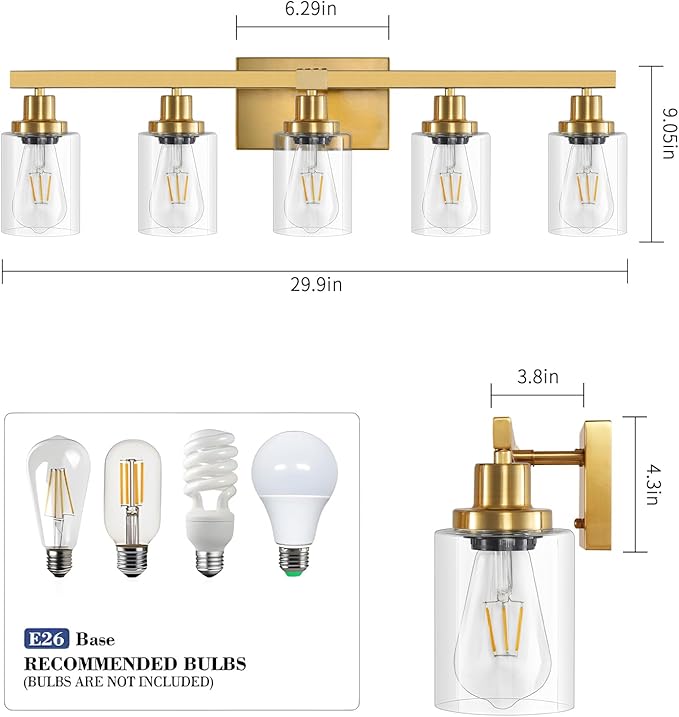 DIKAIDA 5 Light Gold Bathroom Vanity Light, Bathroom Light Fixtures - Image 3