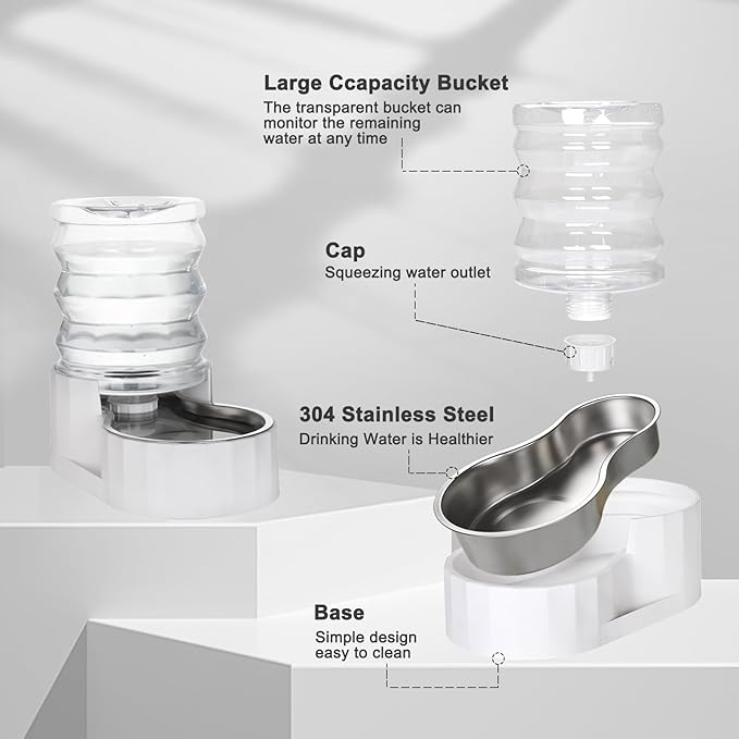 RIZZARI Gravity Water Bowl Dispenser: 4L White Stainless Steel Water Feeder - Image 3