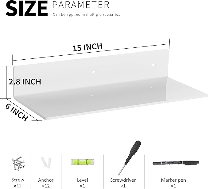4 Pack White Acrylic Floating Shelves 15 Inches, Wall Hanging Bathroom Shelves - Image 3