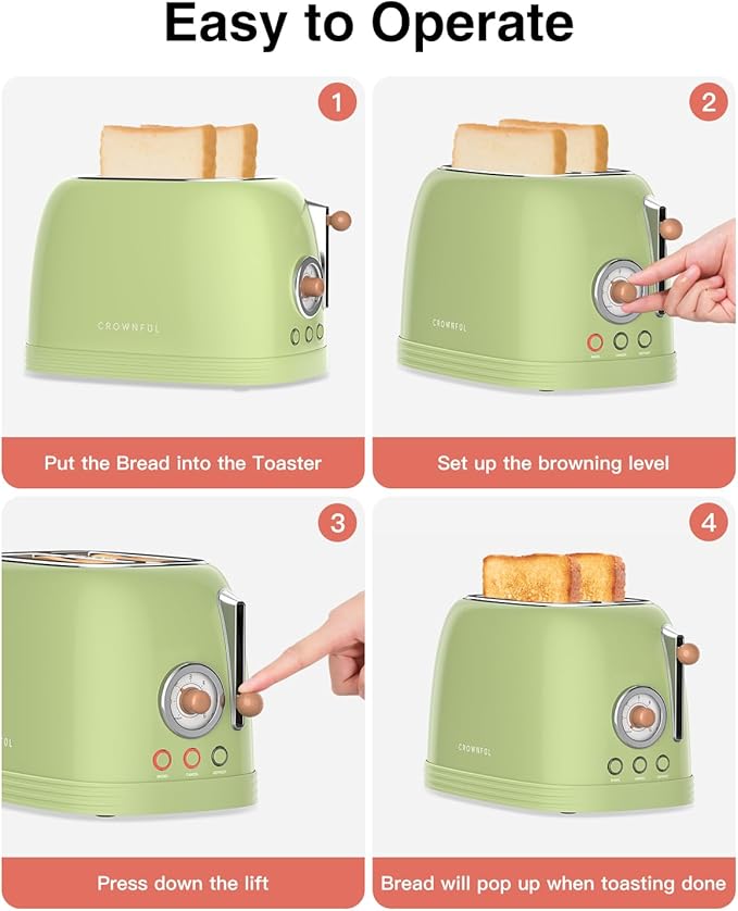 CROWNFUL 2-Slice Toaster, Extra Wide Slots Toaster, Retro Stainless Steel - Image 5