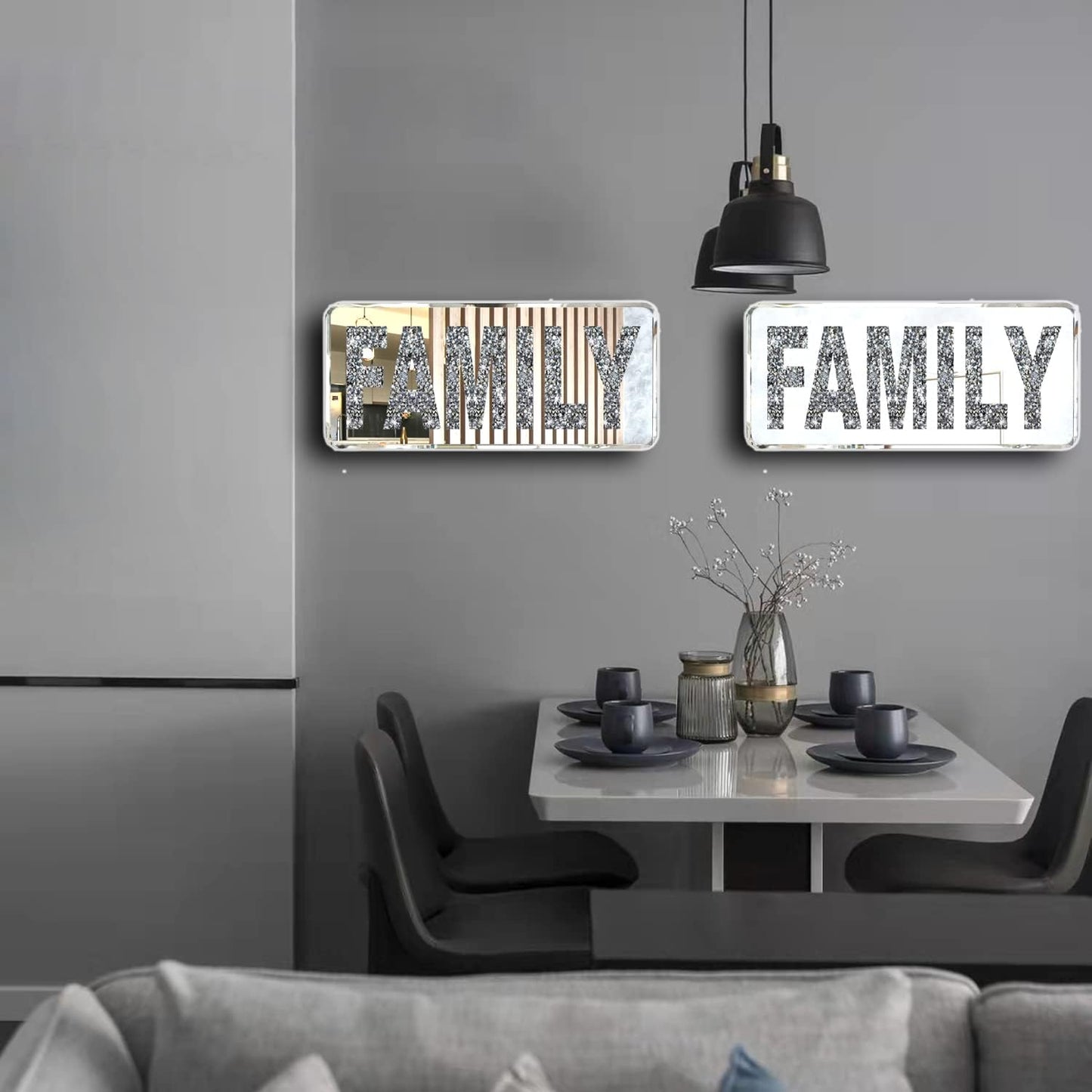 ZOLAPI 2 pcs Letters FAMILY. Crystal Diamond Letters. Silver Mirror Glass Home Decoration for Wall, Fireplace, Bookshelf and Table.