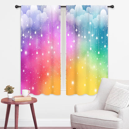 Colorful Rainbow Cloudy Aesthetic Stars Living Room Bedroom Window Curtains | 42"W x 63"L Girly Kids; colorfast print, 2 panels, rod pocket, easy to install,easy-care and washable.