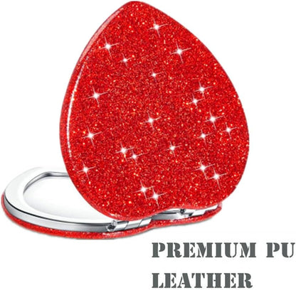 Red Heart Shaped Compact Mirror for Purse,1x/2x Magnification Cute Travel Mirror with Glitter,2.76 inch Double-Sided Mini Folding Mirror,Small Pocket Mirror for Gift,Travel Essentials