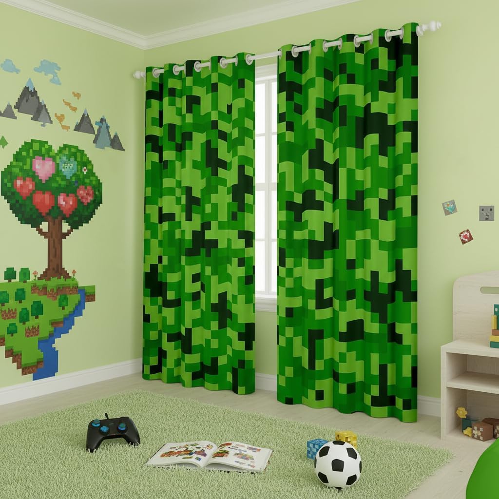 Green Pixelated Miners Curtains for Boys Kid Teens Bedroom Decor,Video Games Window Curtain,Cartoon Gamepad Blackout Window Treatment Curtain Modern Geometric Check Window Drapes,2 Panels,42Wx90L