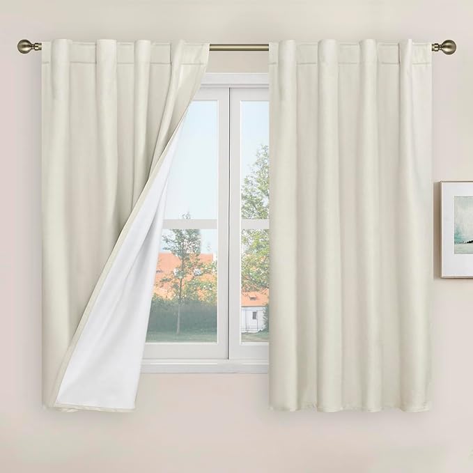 LAMIT Ivory 100% Blackout Linen Curtains 48 Inches Long, Linen Textured Living by LAMIT