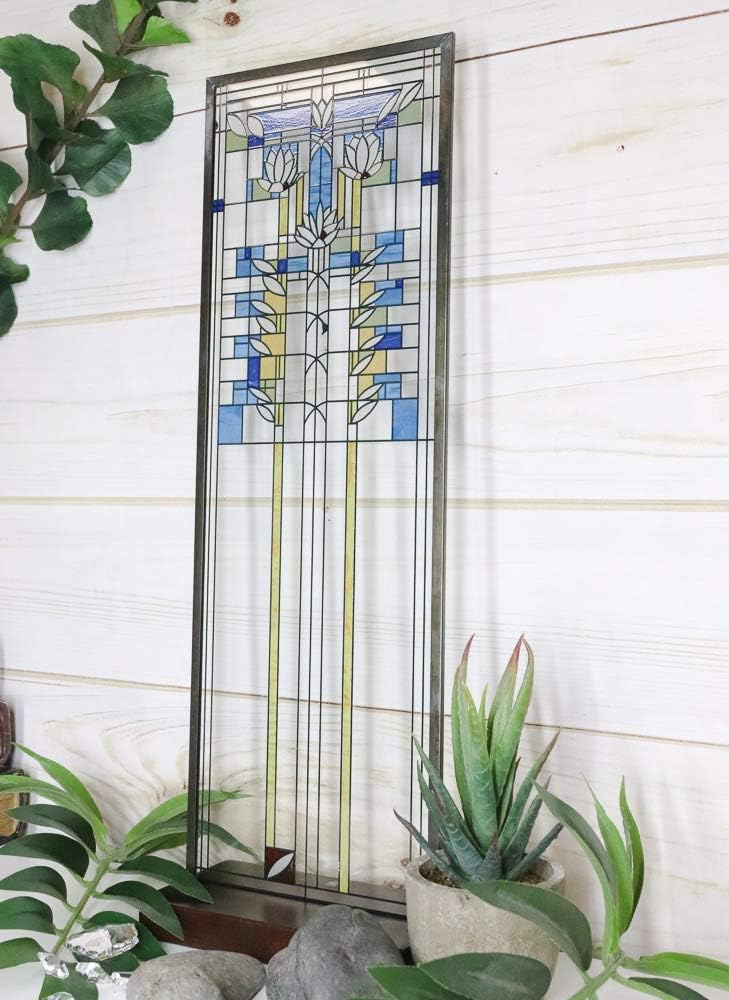 Ebros Frank Lloyd Wright Waterlilies Stained Glass Art Metal Framed Hanging Wall Decor Or Desktop Plaque 15"H X 5"W