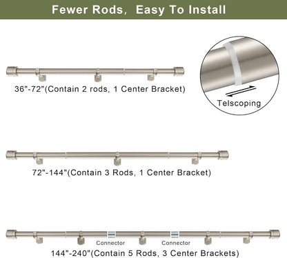1 1/8 Inch Diameter Curtain Rods 36 to 72 Inches(3-6ft), Telescoping Heavy Duty Large Drapery Rod with Adjustable Aluminum Alloy Bracket, Solid End Caps for Windows Patio Decoration, Brushed Nickel