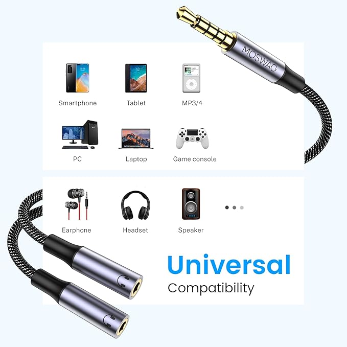 MOSWAG Headphone Splitter for 2 TRRS Headphones, 3.5mm Male to 2 Female Audio - Image 4