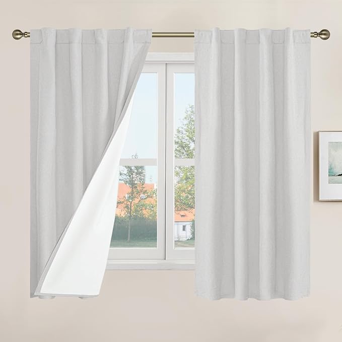 LAMIT Short Window Linen Curtains 48 Inch Length 2 Panels, 100% Blackout Linen by LAMIT
