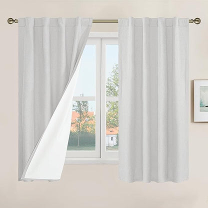 LAMIT Short Window Linen Curtains 48 Inch Length 2 Panels, 100% Blackout Linen by LAMIT
