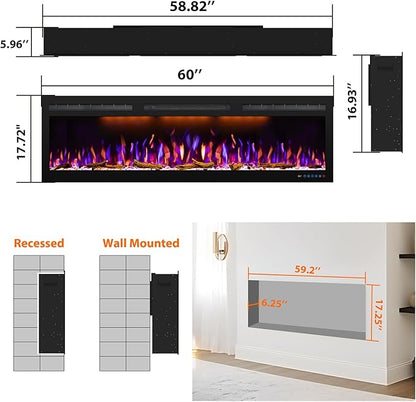 60 inch Electric Fireplace, Recessed and Wall Mounted Slim Electric Fireplace - Image 5