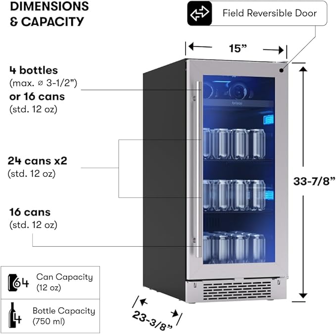 Zephyr Brisas 15 Inch Slim Beverage Fridge Single Zone Under Counter - Image 3