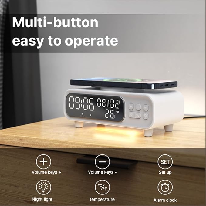 IHAO 5in1 Alarm Clock with Wireless Charging Night Light 15W Fast Charger - Image 4