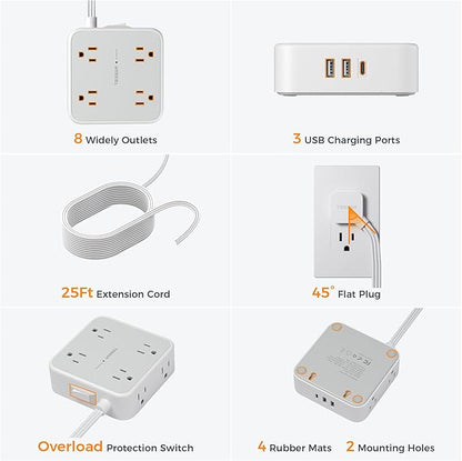 Flat Plug Long Extension Cord 25 Ft, TESSAN Power Strip Surge Protector - Image 7