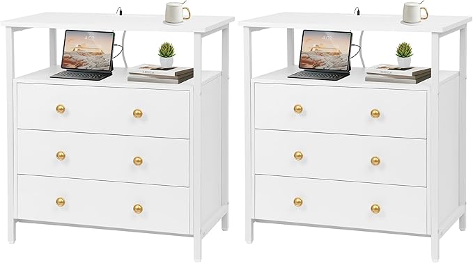 Edbuosy 3 Wooden Drawers Nightstand, 27 Inch Wide Night Stand Set 2 by Edbuosy