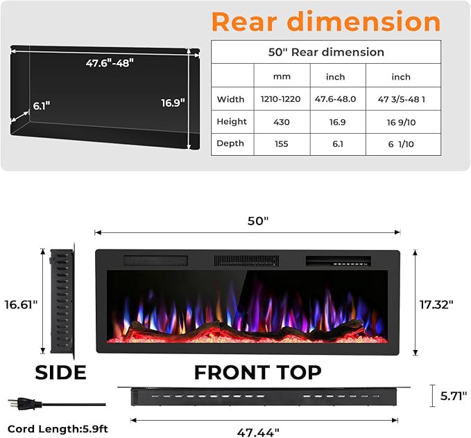 R.W.FLAME 50" Recessed and Wall Mounted Smart Electric Fireplace, Alexa/WiFi - Image 2