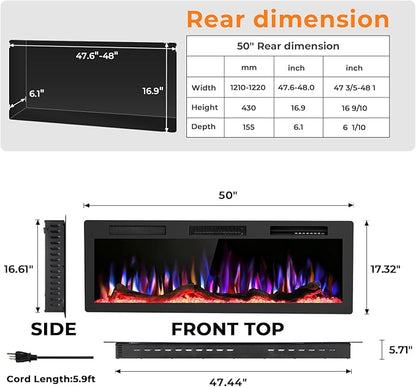 R.W.FLAME 50" Recessed and Wall Mounted Smart Electric Fireplace, Alexa/WiFi - Image 2