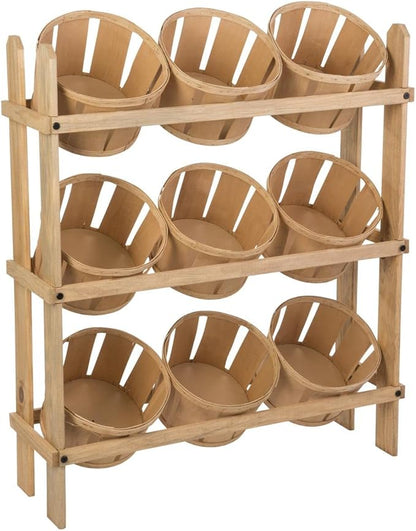 Displays2go Tiered Wooden Display, Floor Standing, 9 Baskets – Oak by Displays2go