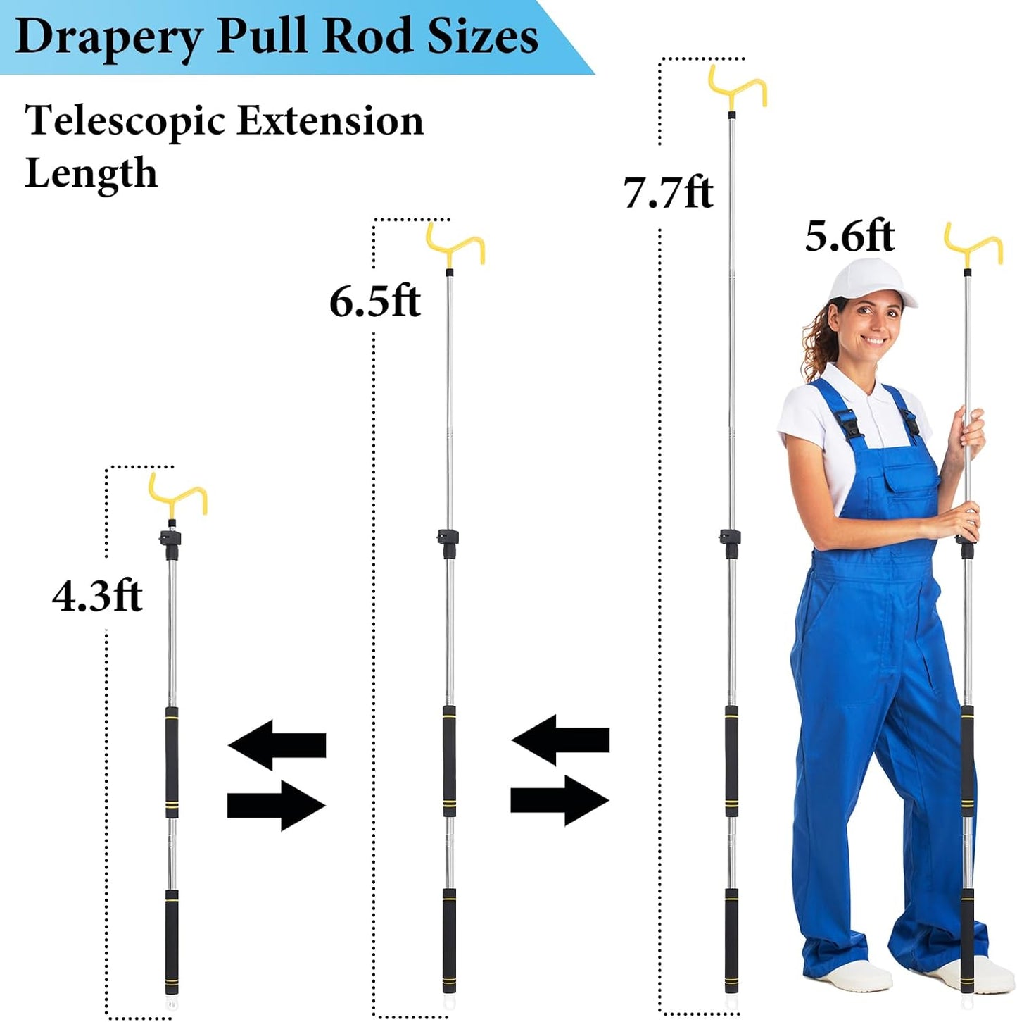 Curtain Pull Wand, Drapery Pull Rod for Curtains Adjustable 3-7.7 Feet Telescopic Extra Long Made of Stainless Steel Material Sponge Handle