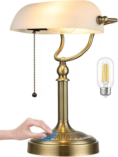 Newrays White Matted Glass Bankers Desk Lamp, Stepless Dimmable Table Lamp Plug by Newrays