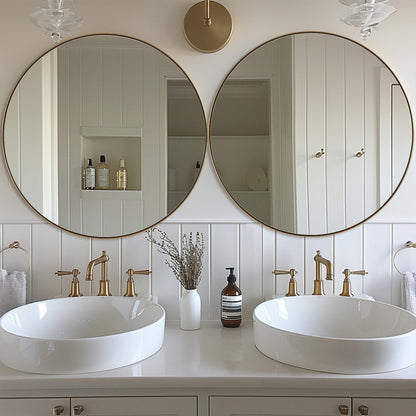 Gold Round Mirror, Large Brushed Gold Round Bathroom Mirror, Brass Circle Mirror 32 inch, Modern Vanity Mirror in Stainless Steel Metal Frame for Home Decor, Entryway, Living Room