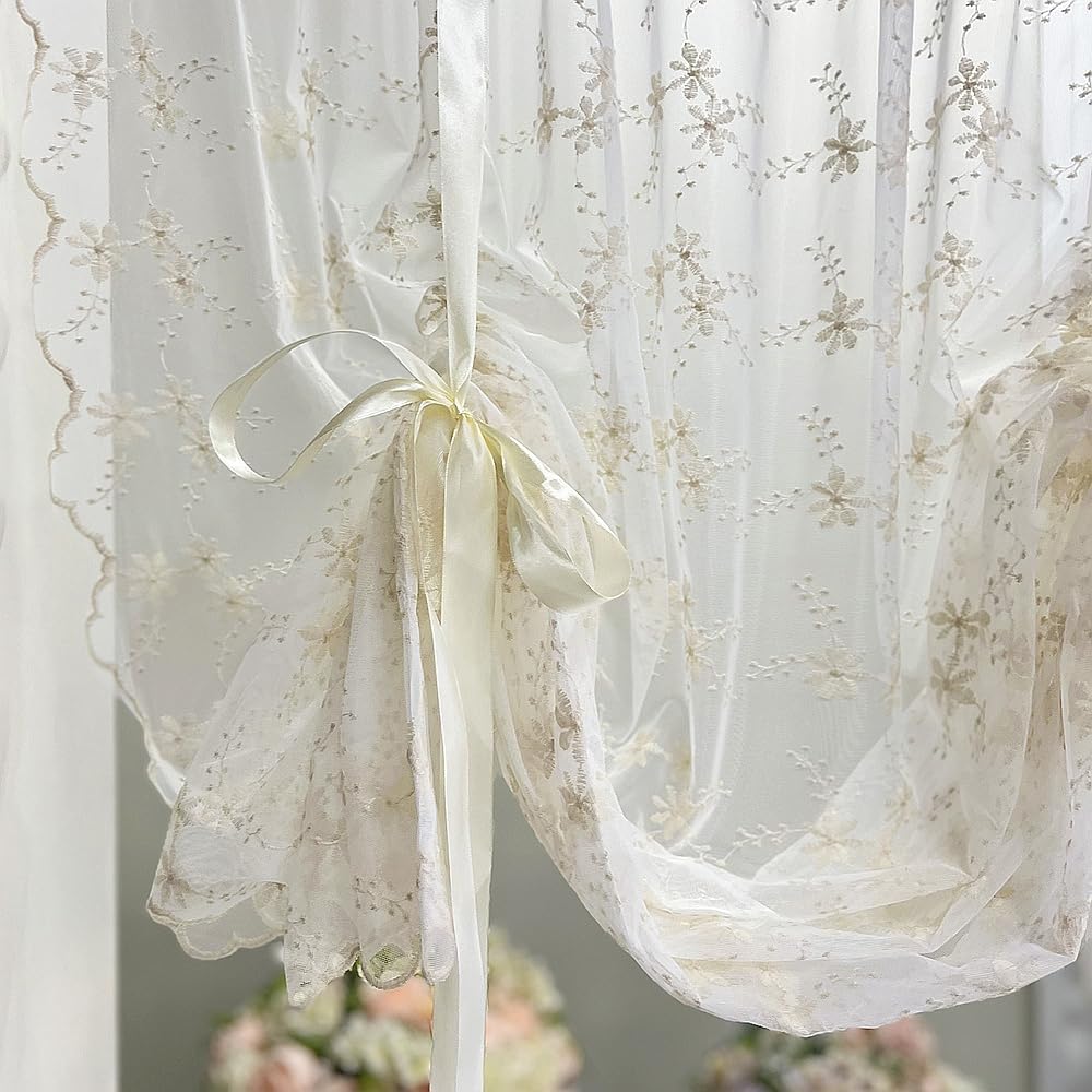 Beige Romantic Little Floral Woven Lace Tie Up Balloon Curtain for Kitchen | Liftable Tier Roman Blind Scallop Edge Lace Cafe Curtain Victorian Drapes for Small Window Balcony Doorway Rod Pocket