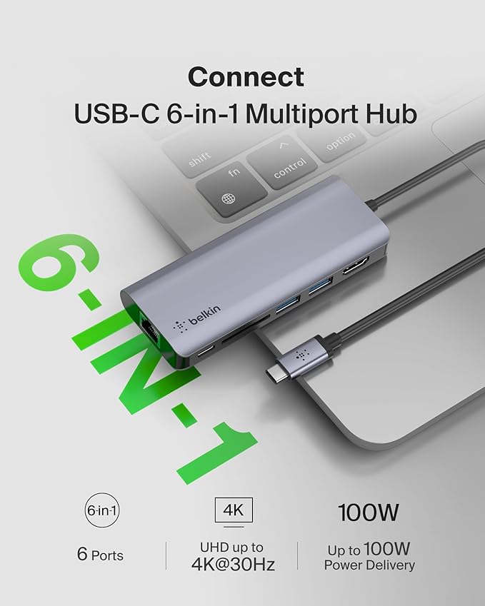 Belkin USB C Hub, 6-in-1 MultiPort Adapter Dock - Image 2