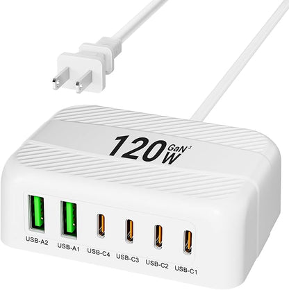 USB C Charger Block, 120W 6 Port USB Charging Station, Portable PD Fast Wall by BURUDU