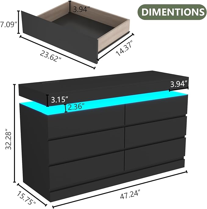 6 Drawer Dresser with Power Outlet, Dresser with LED Light, Modern Chest of - Image 2