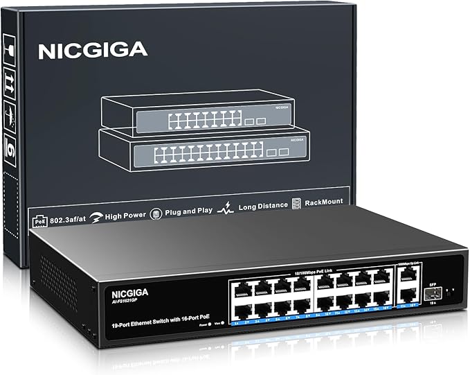 16 Port PoE Switch Unmanaged, 16 Port PoE+@250W, 2 Gigabit Uplink Ports by NICGIGA