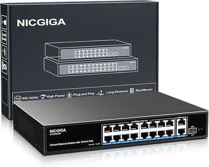 16 Port PoE Switch Unmanaged, 16 Port PoE+@250W, 2 Gigabit Uplink Ports by NICGIGA