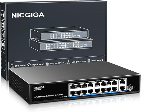 16 Port PoE Switch Unmanaged, 16 Port PoE+@250W, 2 Gigabit Uplink Ports by NICGIGA