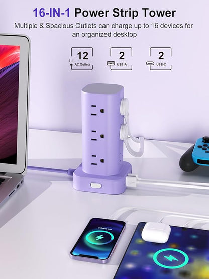 Power Strip Tower with Multiple Outlets, Flat Plug Surge Protector Tower - Image 2