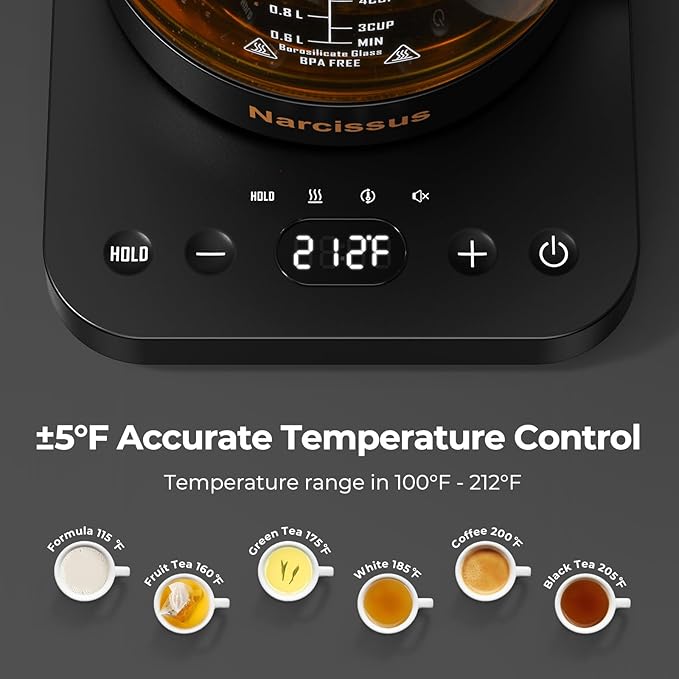 Narcissus Electric Kettle Temperature Control ±5℉, 1.8L Glass Electric Tea - Image 3