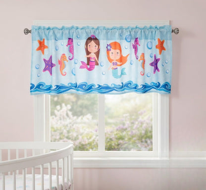 EVERYDAY KIDS Mermaid 60x15” Coastal Print Window Valance for Toddler, Baby and Young Girls Bedrooms Window Décor Treatment in Turquoise, Blue, Purple and Orange
