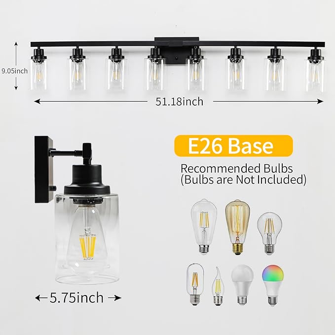 DIKAIDA 8 Light Bathroom Vanity Lights Over Mirror, 52inch Black Vanity Lights - Image 3