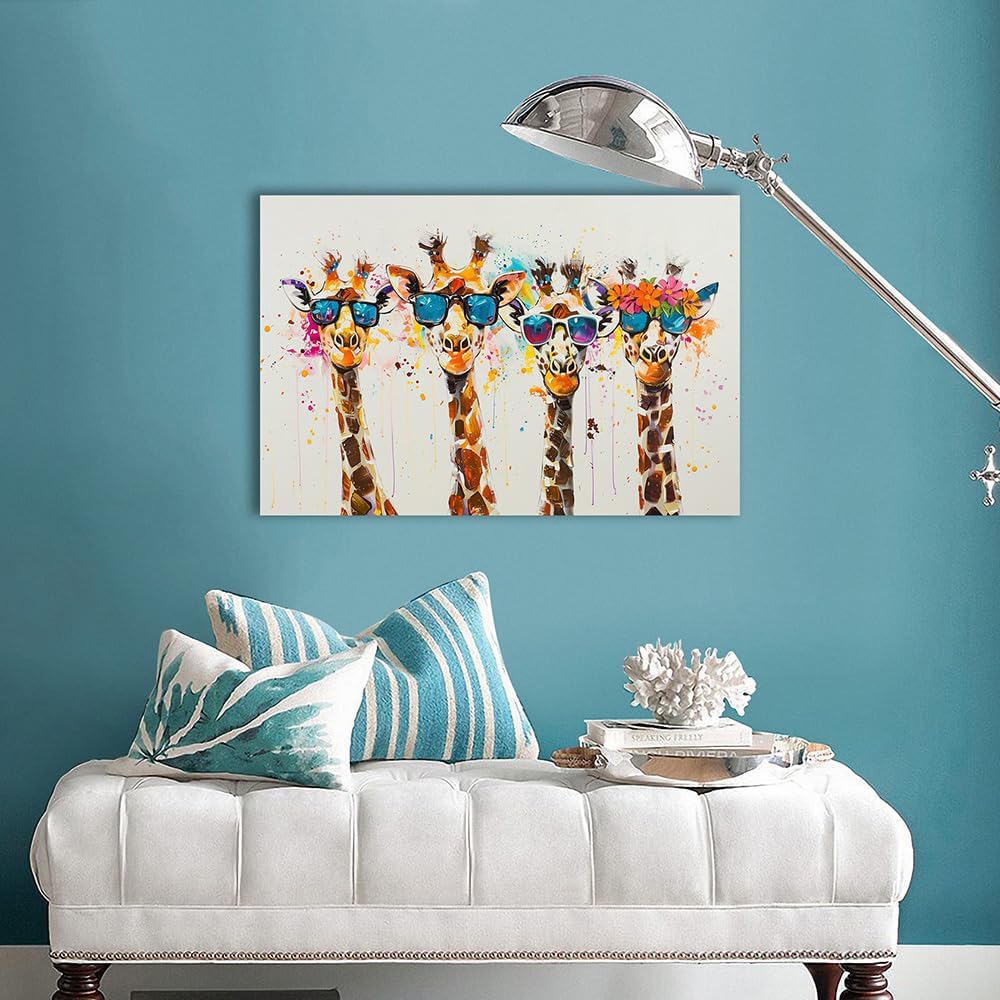 Ypxzzj Framed Cute Giraffes Canvas Wall Art Colorful Animal Posters Prints Pictures Wall Decor Modern Graffiti Painting Artwork for Living Room Bathroom Decor Ready to Hang(36''x24'')