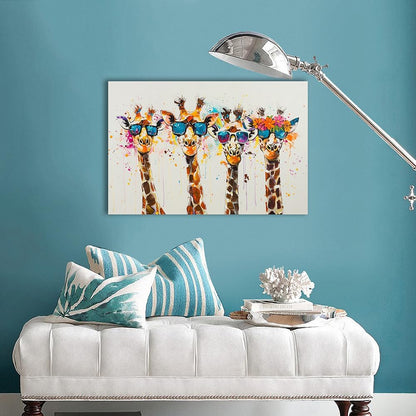 Ypxzzj Framed Cute Giraffes Canvas Wall Art Colorful Animal Posters Prints Pictures Wall Decor Modern Graffiti Painting Artwork for Living Room Bathroom Decor Ready to Hang(36''x24'')