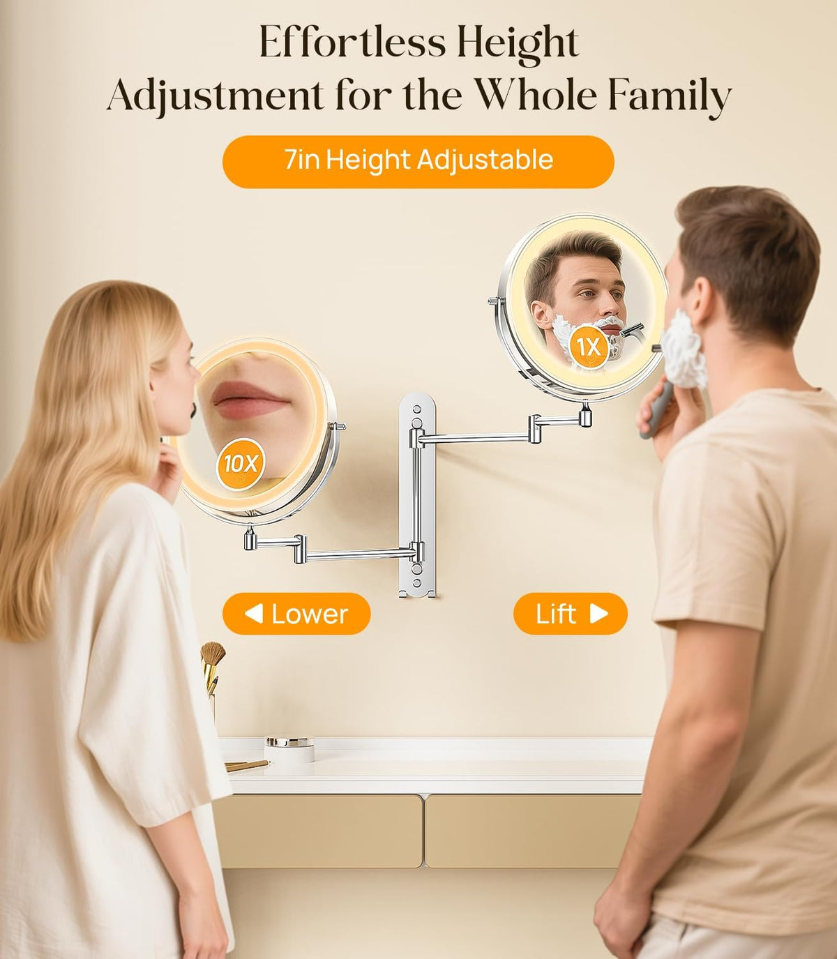 Gospire 9” Wall Mounted Makeup Mirror with Magnification 10X - Chrome | 7in Height Adjustable Vanity Lighted Mirrors for Bathroom Wall, 360° Extended Arm Shaving Wall Mirror with Lights