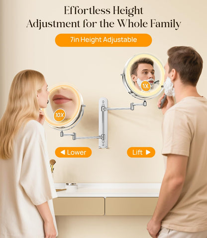 Gospire 9” Wall Mounted Makeup Mirror with Magnification 10X - Chrome | 7in Height Adjustable Vanity Lighted Mirrors for Bathroom Wall, 360° Extended Arm Shaving Wall Mirror with Lights