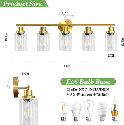 Guliaofo 5-Light Bathroom Vanity Lights, E26 Modern Brushed Gold Bathroom Light - Image 2
