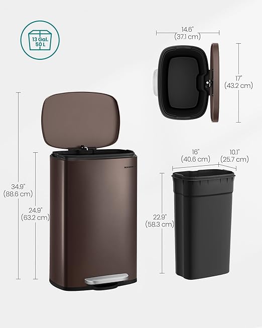 SONGMICS 13 Gallon Trash Can, Stainless Steel Kitchen Garbage Can, Recycling or - Image 6