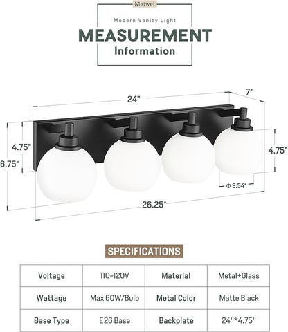 METWET Bathroom Light Fixtures, 4 Light Matte Black Vanity Light, 26 Inch - Image 4