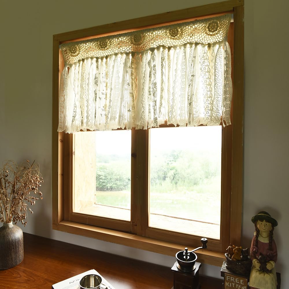 Boho Kitchen Curtains Short Shabby Chic Lace curtain for Bedroom Handmade Cotton Crochet Lace Kitchen Valance Country Cottage Cafe Curtain 16 inch Long Bohemian Wedding Decor 30x16 Inch,Cream