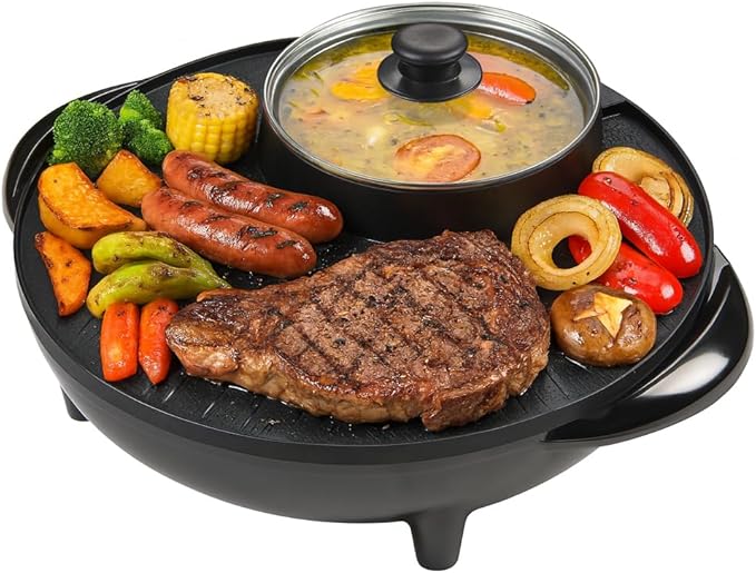 OVENTE Electric Hot Pot and Grill Combo, 2-in-1 Portable Countertop Cooker by Ovente+