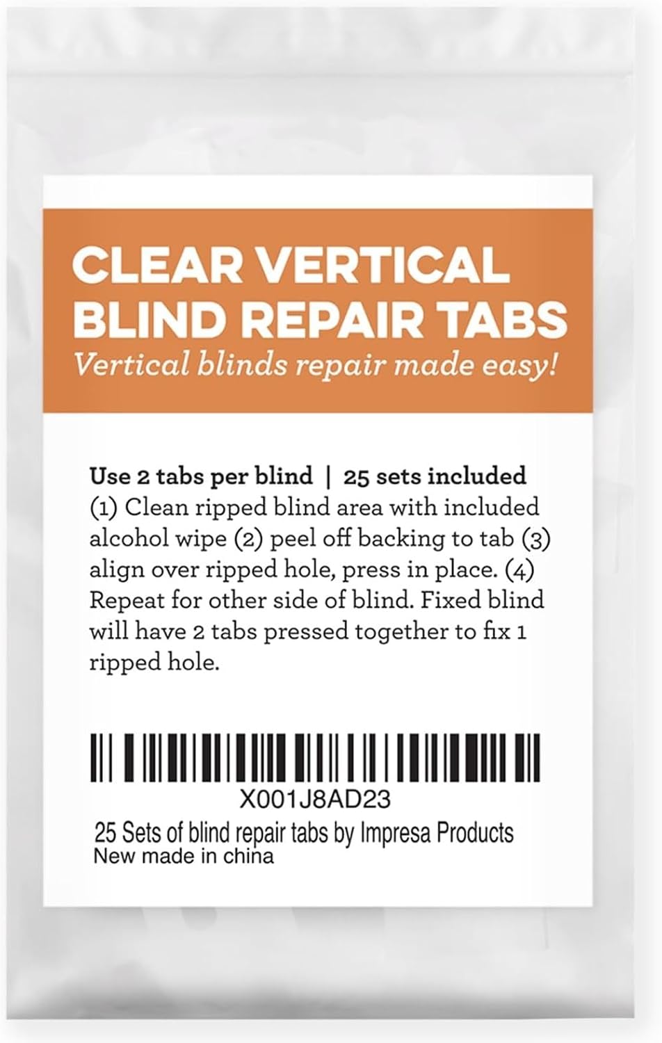IMPRESA Clear Vertical Blind Repair Tabs - 25 Sets (50 Tabs), 2 Alcohol Wipes Strong Adhesive Peel Stick Bond - Universal Fit for Vertical Slats - Tool-Free Sliding Door Blind Fix