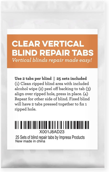 IMPRESA Clear Vertical Blind Repair Tabs - 25 Sets (50 Tabs), 2 Alcohol Wipes Strong Adhesive Peel Stick Bond - Universal Fit for Vertical Slats - Tool-Free Sliding Door Blind Fix