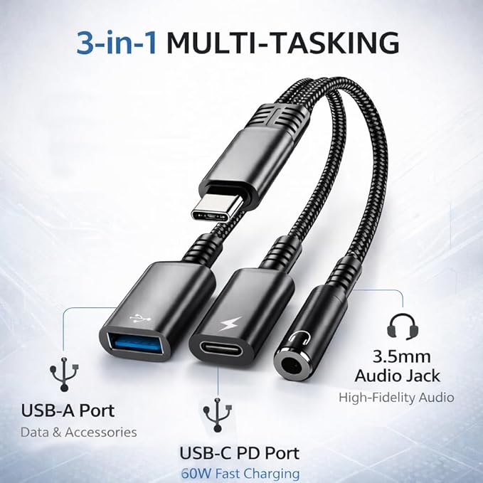 Mizi 3-in-1 USB C to Headphone Jack and Charger Adapter, 60W PD Fast Charging & - Image 2