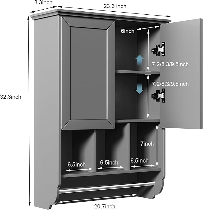Bathroom Wall Cabinet with Towel Bar, Wooden Medicine Cabinet Adjustable Shelves - Image 3